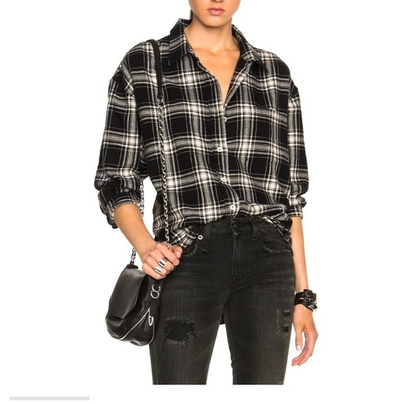 R13 Tops - R13 Oversized Cropped Plaid Shirt Black Ecru Japanese Fabric Made in Italy L